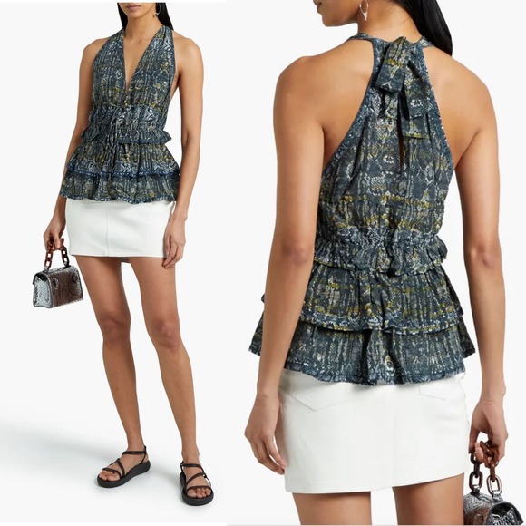 IRO Toledo Snake Print Halter Top Silk Sz‎ 34 EU / 2 US Ruffle Hem V-Neck - Picture 2 of 10